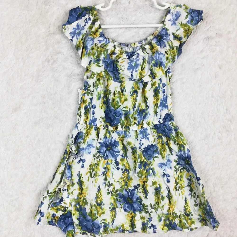 Btween Girls Dress Midi Blue White Floral Cap Sleeve Scrunchie Ruffle 6‎ New